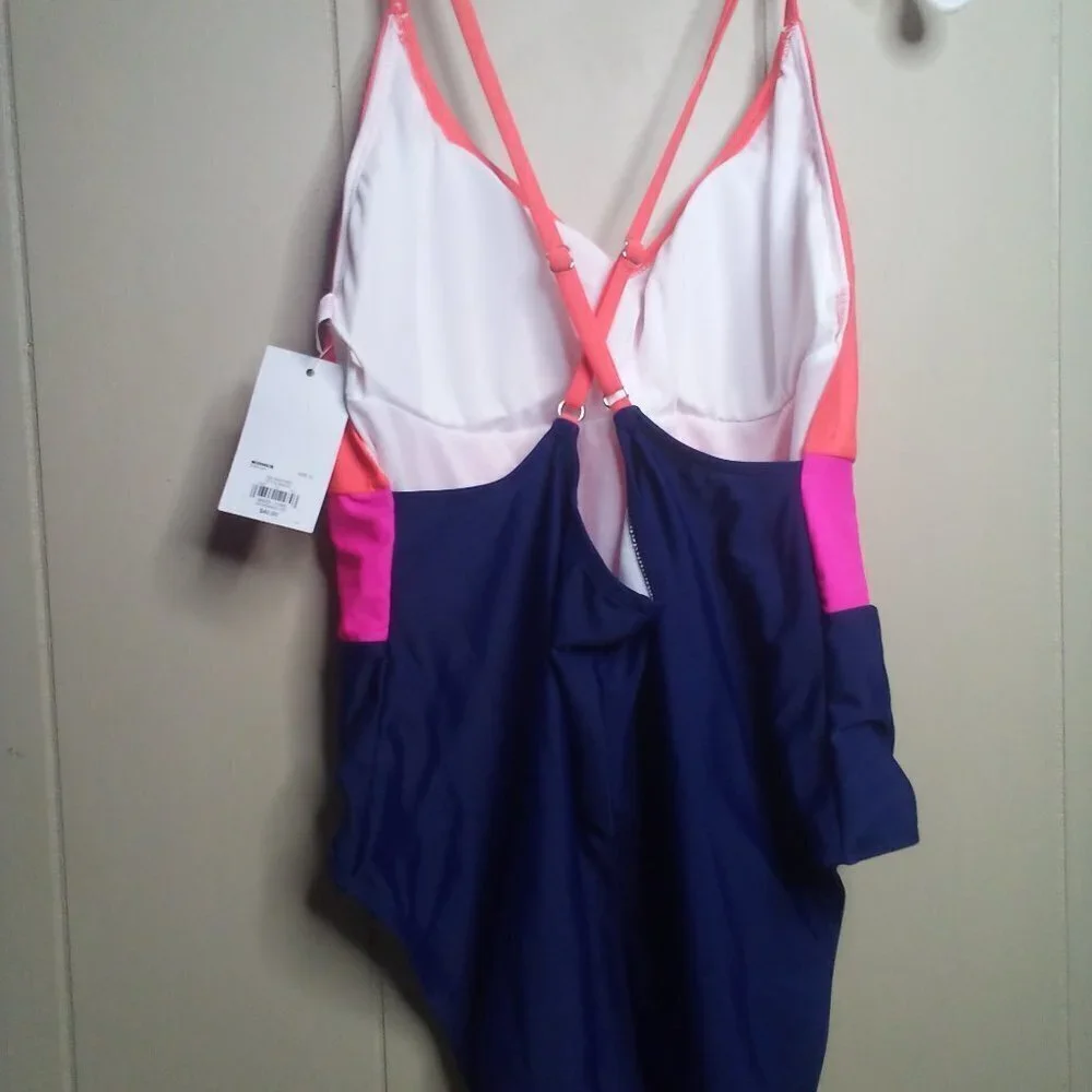SO One Piece Swimsuit XL 15-17 Crossback Colorblock Navy Red Pink